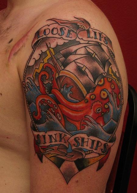 Robert Hendrickson - Neo traditional loose lips sink ships, or perhaps a giant Octopus. Anchor tattoo 